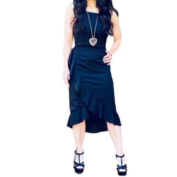 Black Sleeveless Ruffle Trimmed High Low Midi NEW - Picture 2 of 14